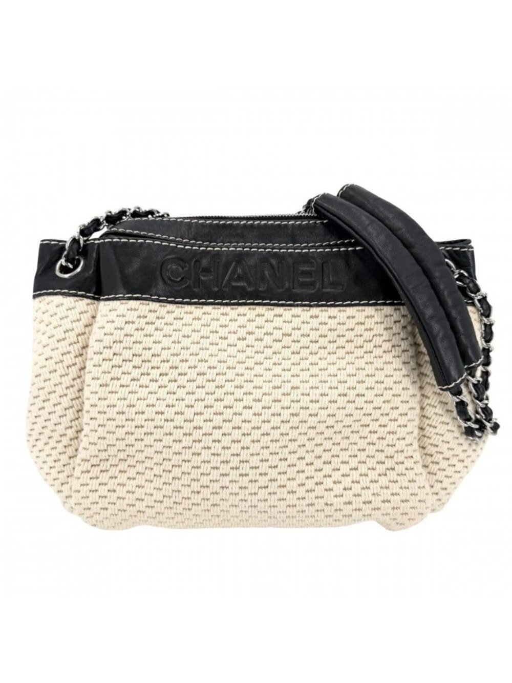 Chanel Handbag Logo Chain Shoulder Leather Canvas Beige Black Silver